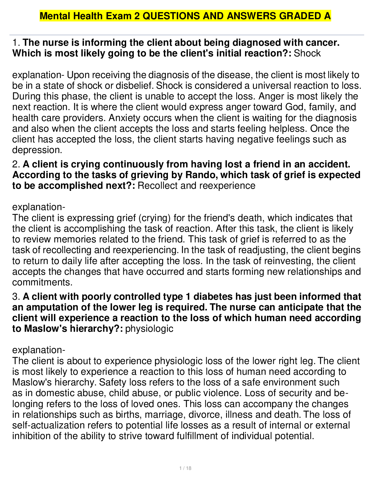 Preview image for Mental Health Exam 2 QUESTIONS AND ANSWERS GRADED A